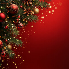 Festive Christmas Border Red Background with Ornaments, Pine, and Lights