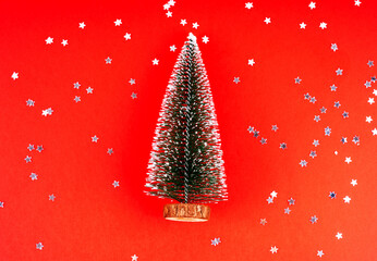 Christmas decorations on red background. Christmas concept.