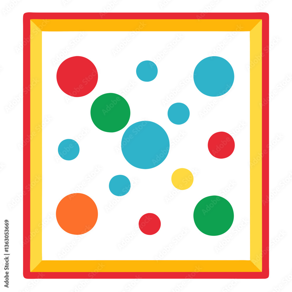 Poster a colorful abstract design with circles of varying sizes and colors within a square frame vector ill