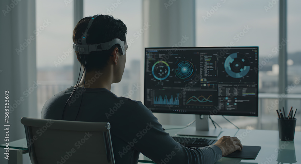 Poster human in the technological world: a person engaged in advanced technology, depicted in a modern, wel