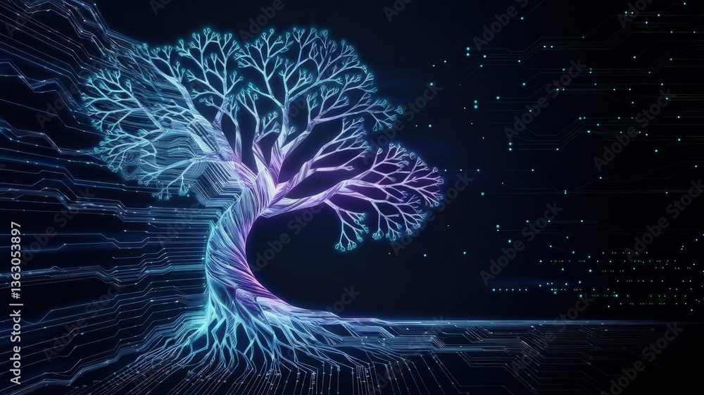 Poster digital tree: a vibrant digital rendering of a tree, showcasing intricate network patterns that symb