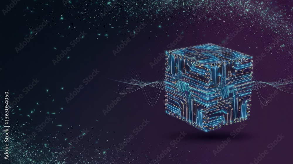 Poster tech cube: an illustration showcases a tech cube with digital circuits in a nebula background repres