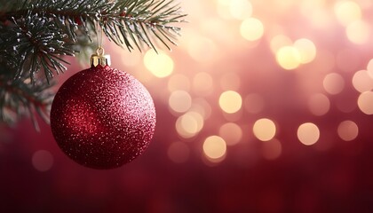 Fototapeta premium A shimmering red ornament hanging from a green evergreen branch