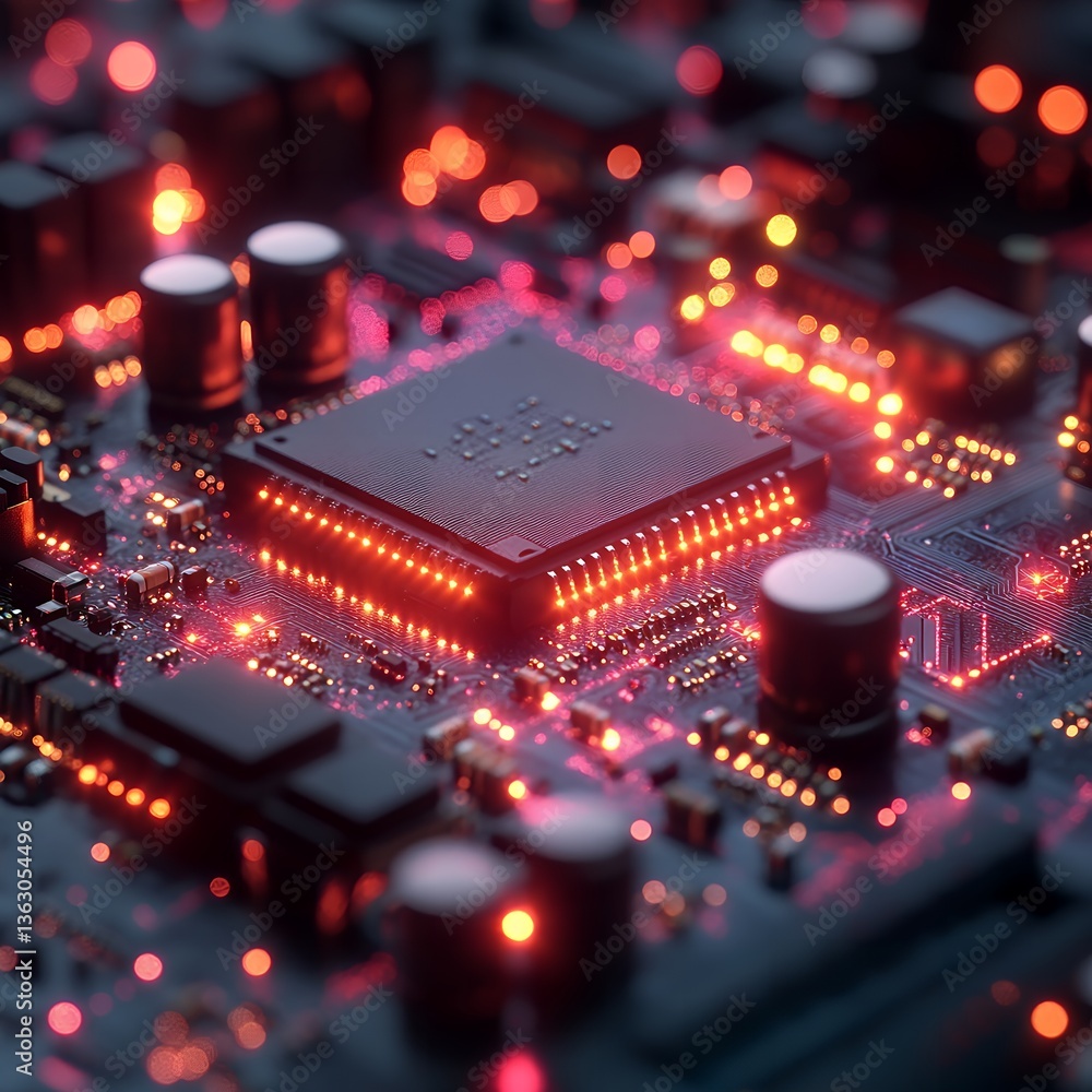 Poster high tech circuit board close up illuminated microchip and components