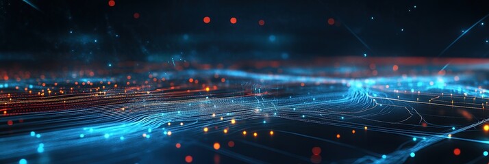 Obraz premium Wireless data transmission, high internet Information flow in abstract cyberspace. Neural network 3D illustration. Big data and cybersecurity. Data stream. Global AI database, Wide Background