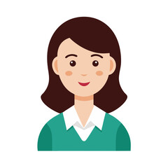 Fototapeta premium an illustration of a smiling woman with brown hair, wearing a green sweater and white shirt. This cheerful portrait is rendered in a flat, clean style