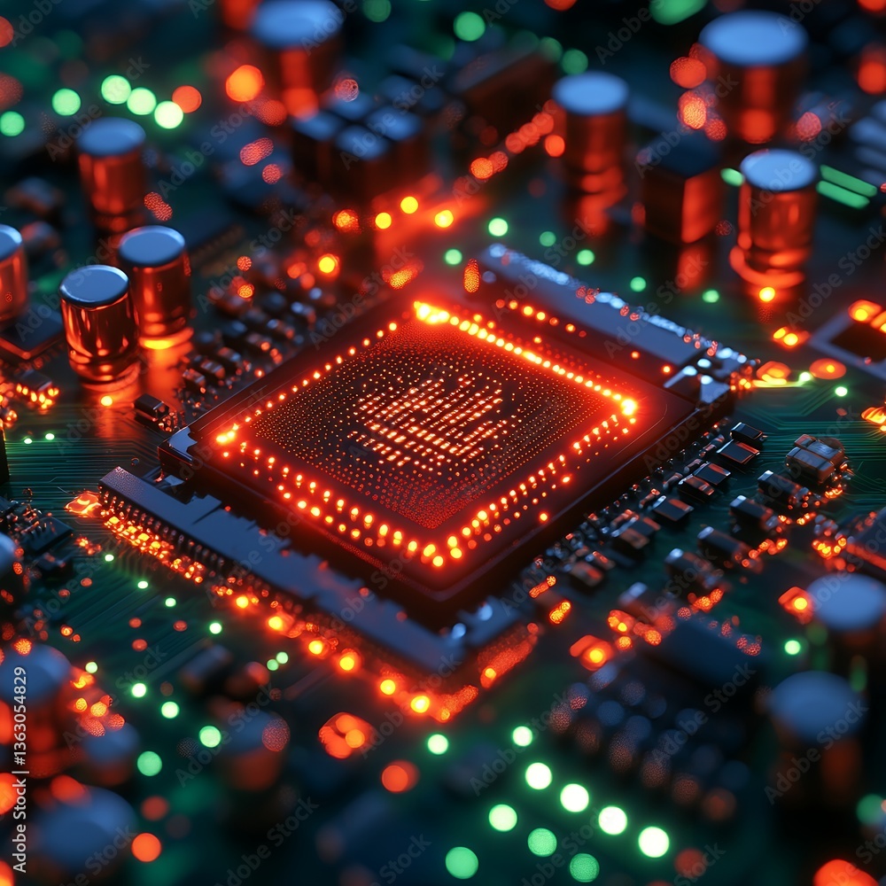 Poster illuminated central processing unit on a circuit board high tech computer technology