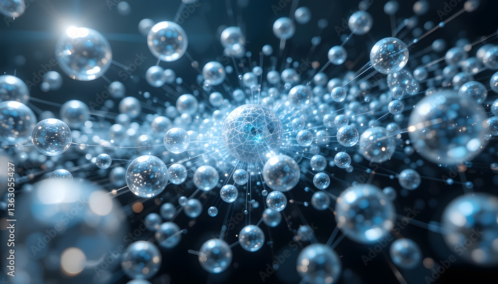 Poster interconnected spheres: a captivating digital rendering unveils a network of luminous spheres, inter