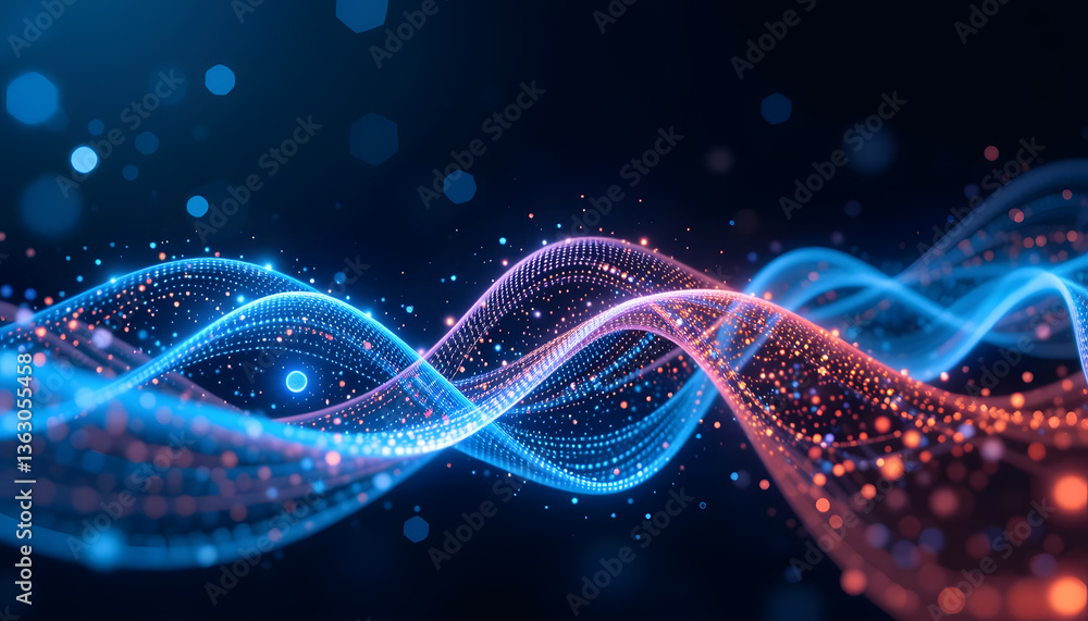 Poster digital flow: abstract digital waves in vibrant hues of blue and orange, creating a sense of movemen