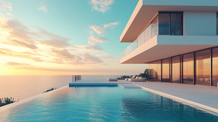 Fototapeta premium Modern Villa with Infinity Pool at Sunset