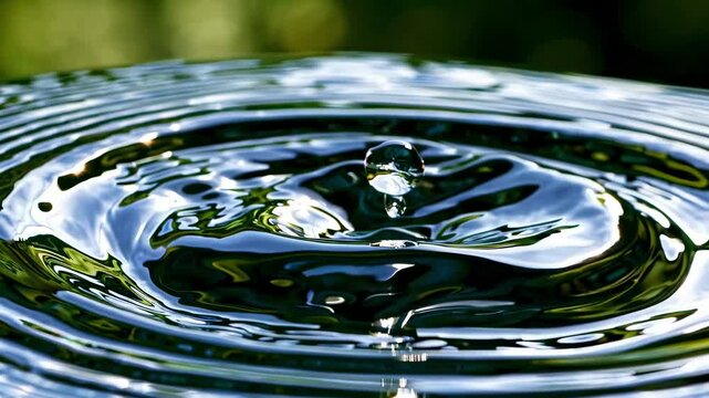 Close-up video of a water droplet creating ripples in a pond. Captured from a low angle, highlighting the splash and reflections in a serene style. Live desktop wallpaper. - Powered by Adobe