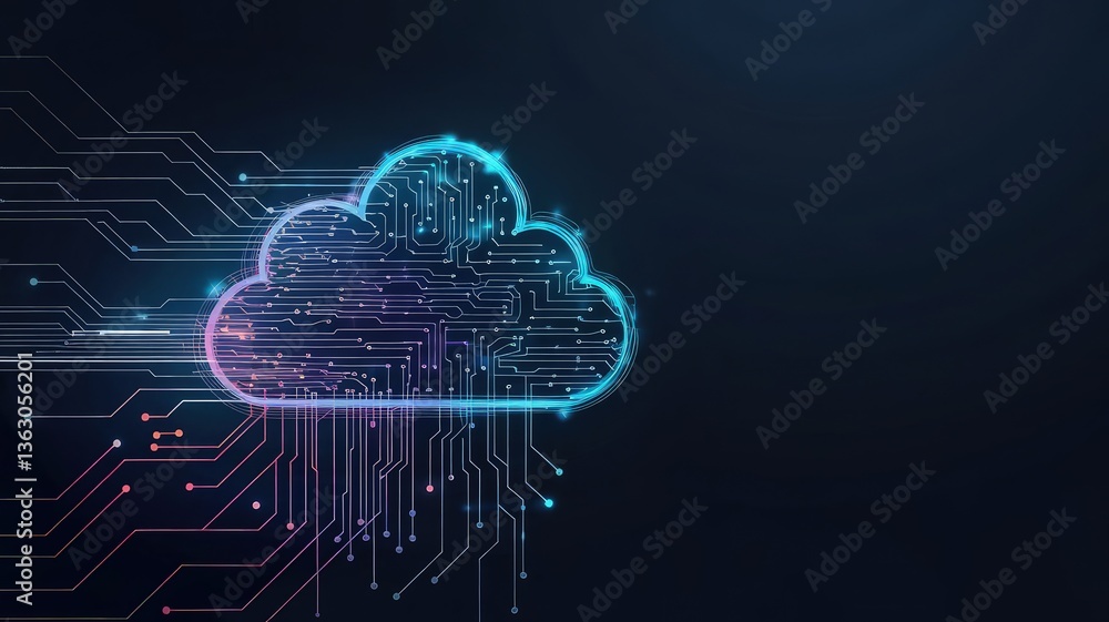 Poster cloud computing: a striking representation of cloud computing, illustrated with glowing digital path