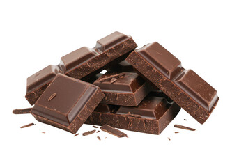 A pile of broken dark chocolate pieces isolated on transparent background