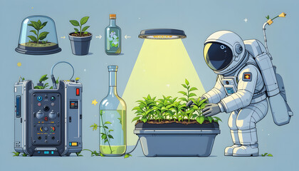 Cosmic Gardener: An astronaut cultivates plants in a space garden, an image reflecting human ingenuity in space, hinting at the possibility of life beyond earth.