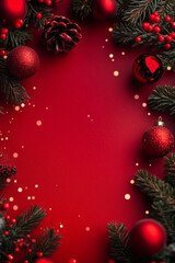 Festive Red Christmas Background Ornaments, Pine Branches & Berries