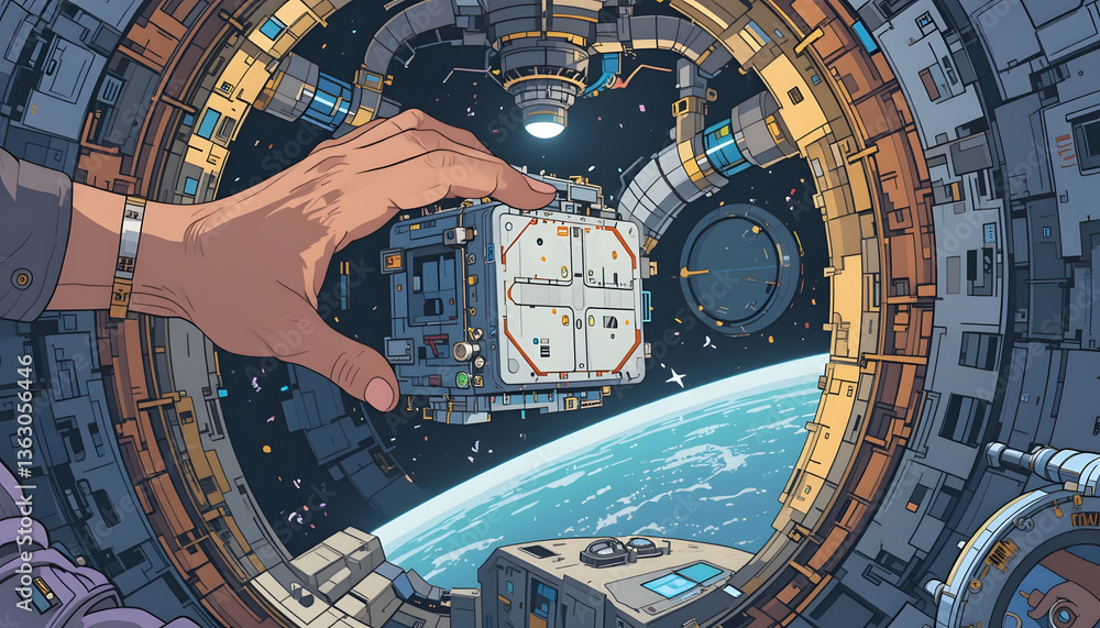 Poster hand interacting with space station module: an astronaut's hand interacting with a module. through t