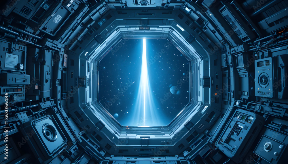 Aufkleber cosmic gateway: an enthralling scene unfolds through a spaceship window, illuminating the infinite c