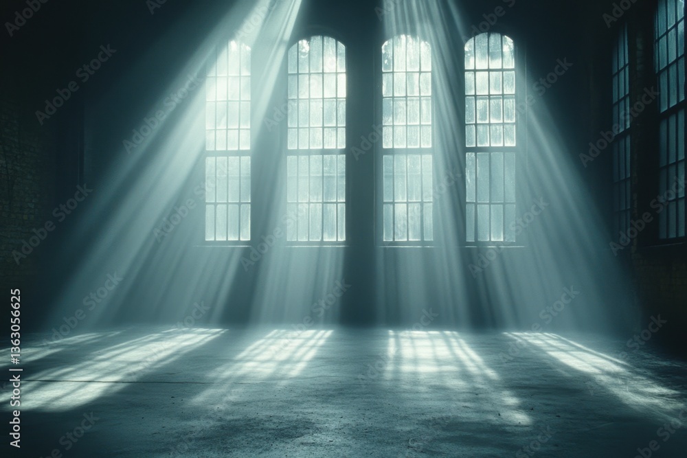 Poster dramatic light streams through arched windows illuminating an empty industrial space creating a sere