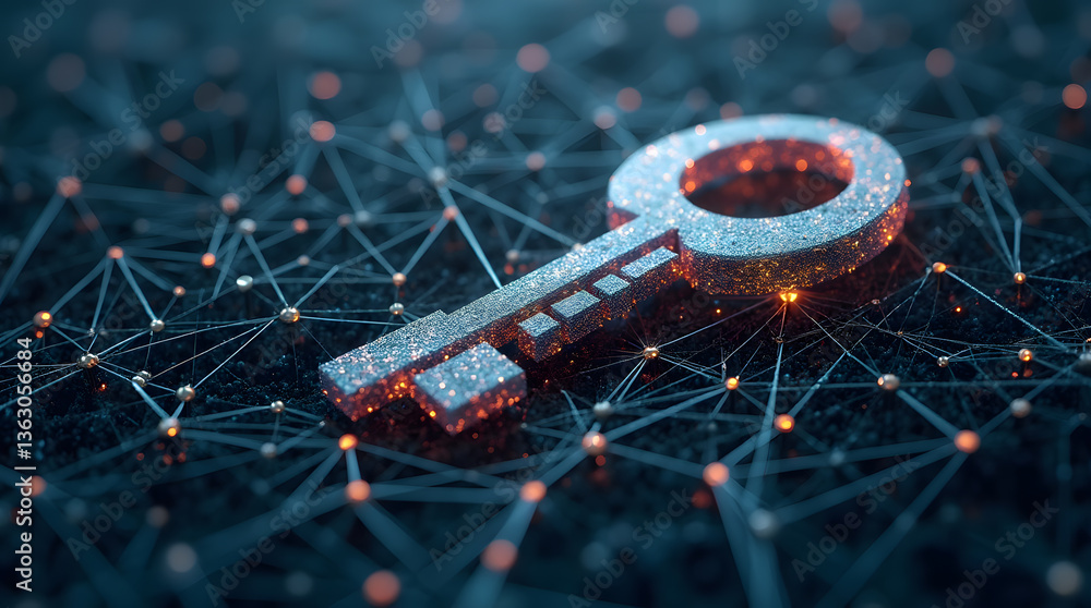 Poster key to security: an artistic, digital representation of a key, symbolizing access, security, and pro