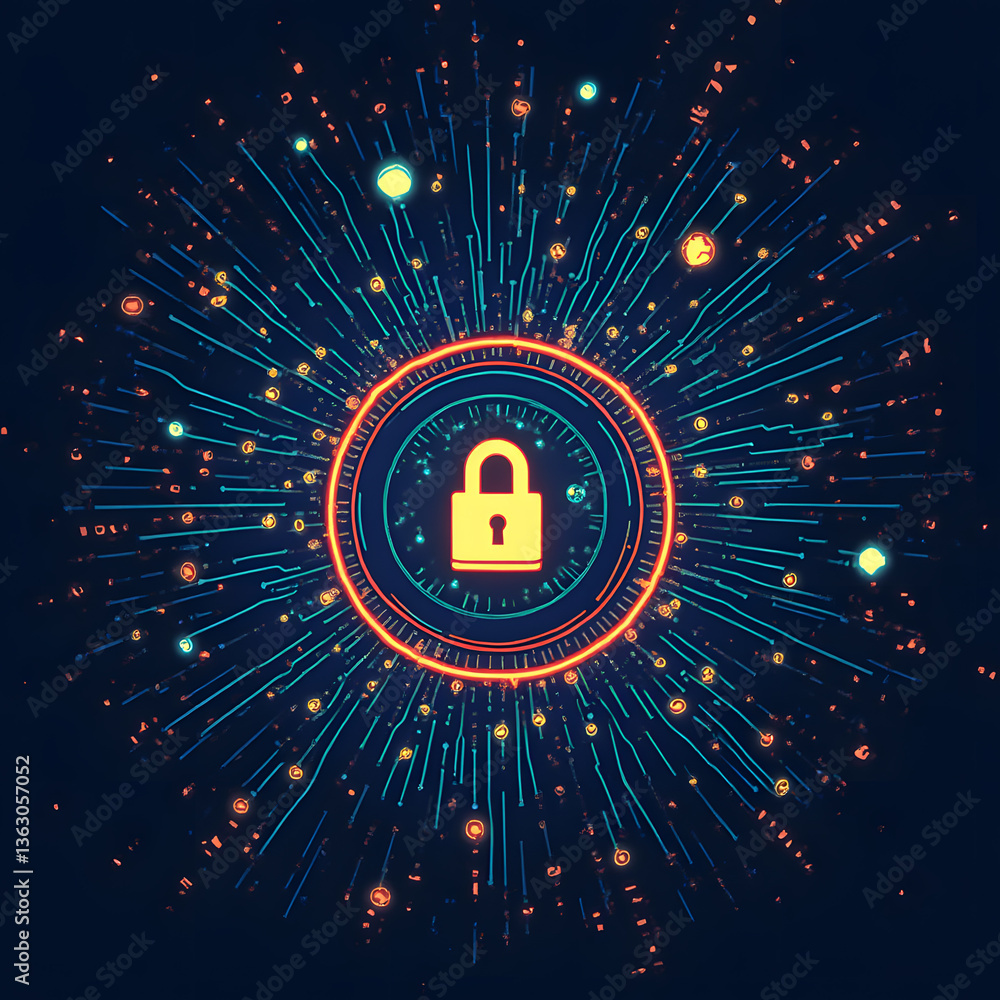 Poster cybersecurity fortress: an eye-catching digital representation of a secure system, depicted by a glo