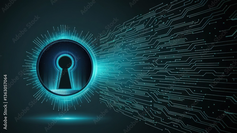 Poster cybersecurity lock: a futuristic illustration of a glowing keyhole symbol, radiating lines of digita
