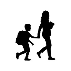 Vector image of a little child running with a school bag on his shoulder with a teacher