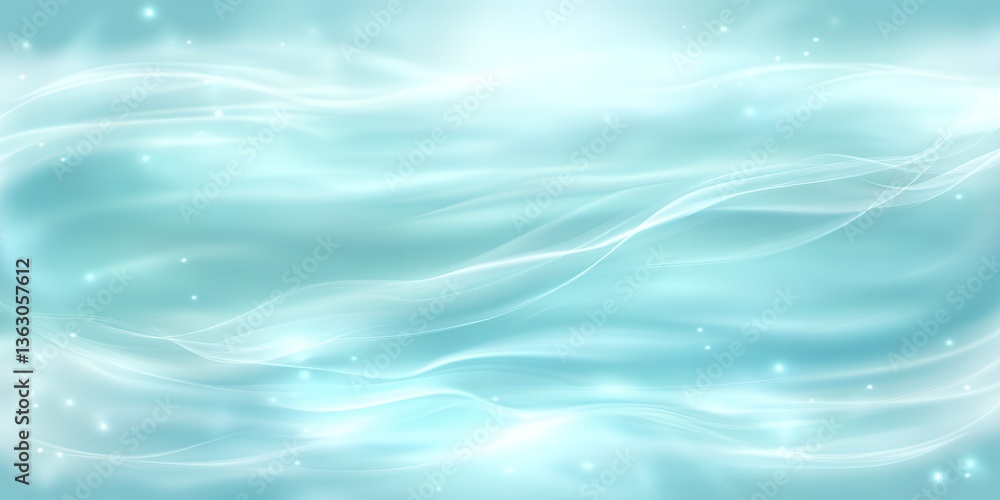 Poster abstract teal background with flowing light waves and glowing particles