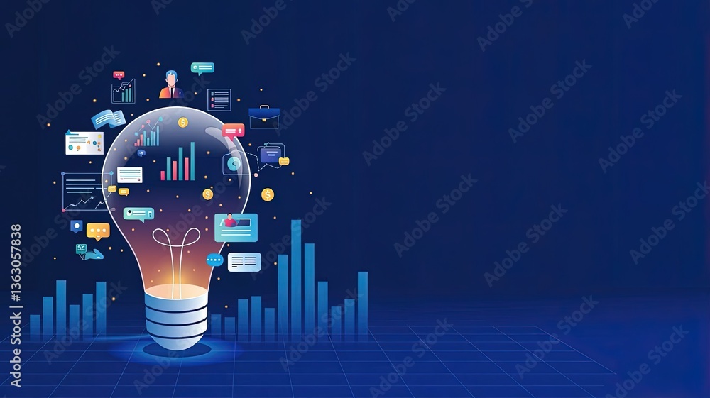 Poster illuminating ideas: a striking visual metaphor of a glowing light bulb filled with data visualizatio