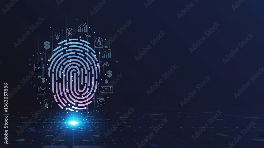 Poster digital fingerprint security: a futuristic digital fingerprint, with glowing lines and data icons sy