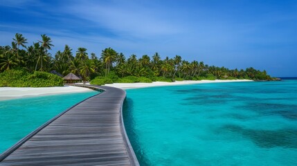 Fototapeta premium Idyllic wooden walkway leading to a tropical island in the Maldives, surrounded by turquoise waters, white sandy beaches, and palm trees under a clear blue sky, perfect for relaxation and vacation.