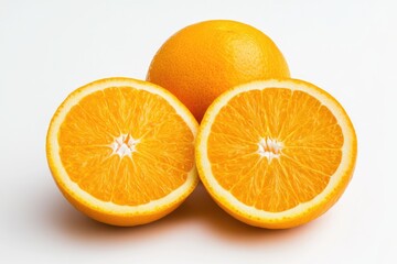 Whole and Sliced Valencia Orange on Pristine White Background: Fresh, Juicy Citrus Delight