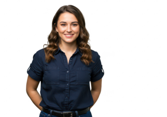 A confident and friendly young woman and a relaxed posture with her hands behind her back isolated on transparent background