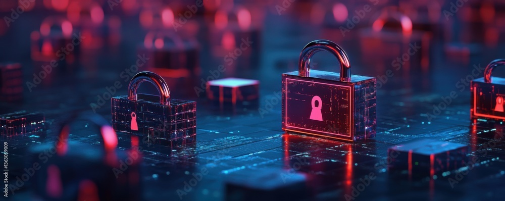 Poster a futuristic digital landscape featuring illuminated padlocks on a circuit-like surface, symbolizing