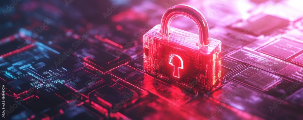 Poster a futuristic digital lock glows in red on a high-tech background, symbolizing cybersecurity and data