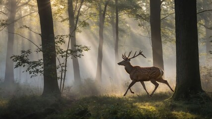 A deer gracefully moves through a misty forest, illuminated by soft rays of sunlight.