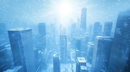 Obraz premium Snowy city blizzard, aerial view, winter cityscape, background sun