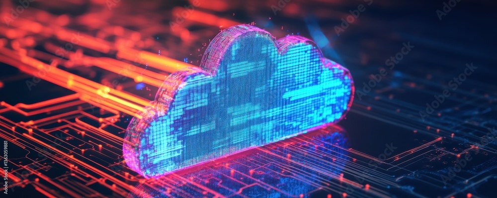 Poster a digital cloud symbol illuminated with vibrant colors against a tech-inspired background, represent