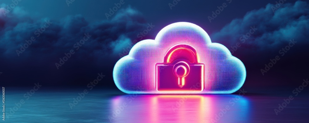 Poster a glowing cloud with a padlock symbolizes digital security and data protection in a futuristic setti