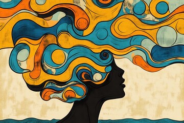 Obraz premium Artistic portrait of a woman with flowing hair in vibrant colors against a textured background abstract art