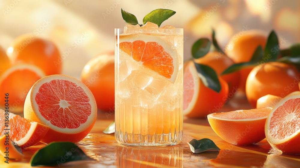 Poster refreshing grapefruit drink with ice cubes and grapefruit slices in a glass on a wooden table with g