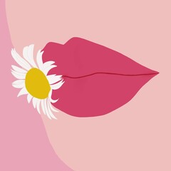 Minimalistic illustration of red lips holding a white daisy on a pink background, blending beauty and nature in a soft, modern style.