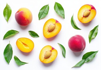 Fresh and Juicy Peach Slices Surrounded by Green Leaves on White Background for Summer Food or Healthy Diet Concept