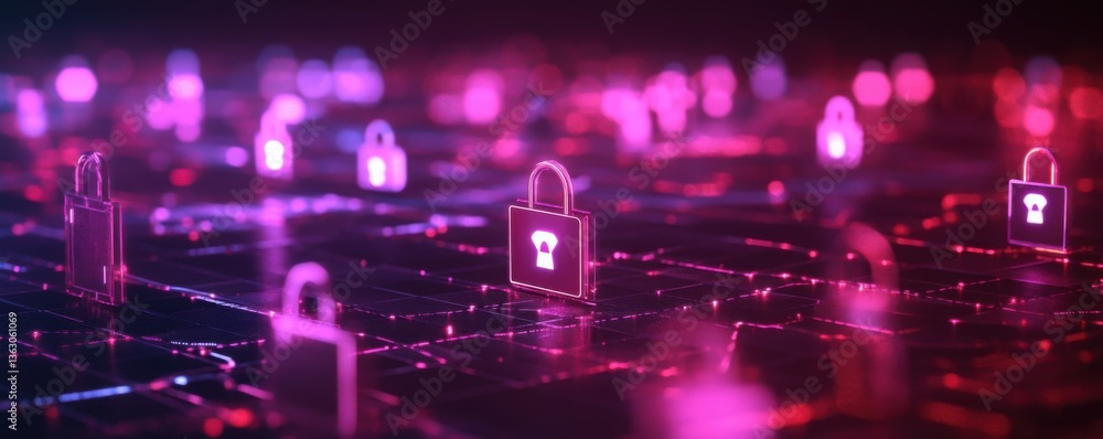 Poster a digital landscape featuring glowing locks and a network grid, symbolizing cybersecurity and data p