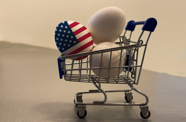 Chicken eggs in a miniature shopping cart, USA flag