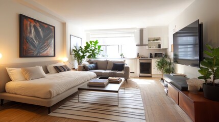 Cozy and chic studio apartment blending living and kitchen seamlessly