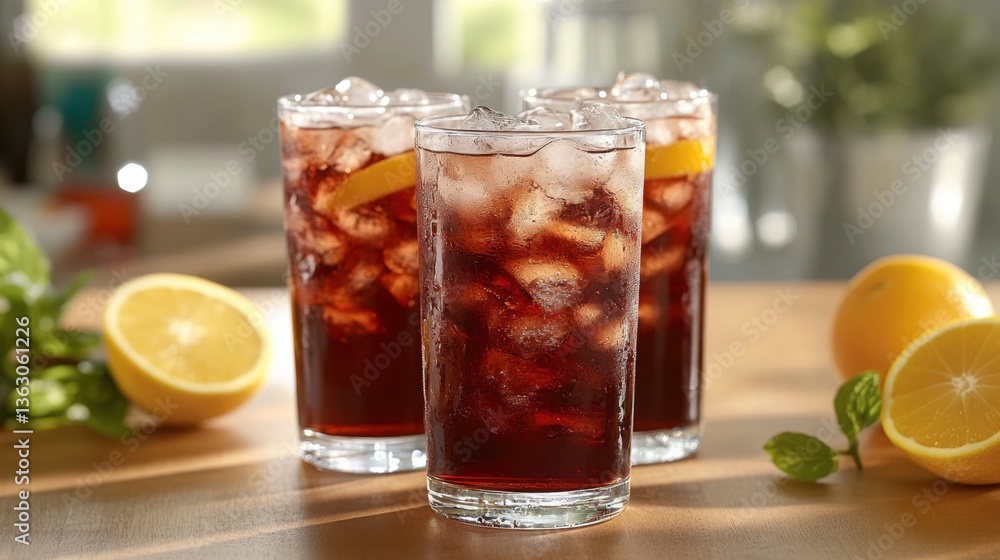 Poster refreshing iced tea with lemon slices and ice cubes in tall glasses on a wooden surface with natural
