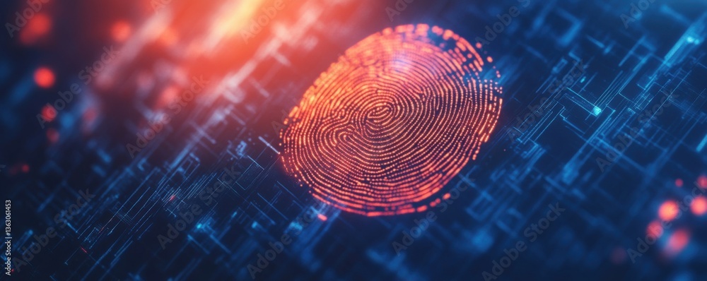 Poster a vibrant digital fingerprint surrounded by abstract technology elements, symbolizing security and i