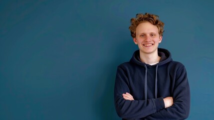Smiling young man with arms crossed in front of blue wall
