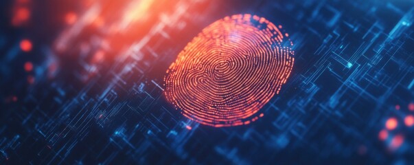 A vibrant digital fingerprint surrounded by abstract technology elements, symbolizing security and identity verification in the digital age.