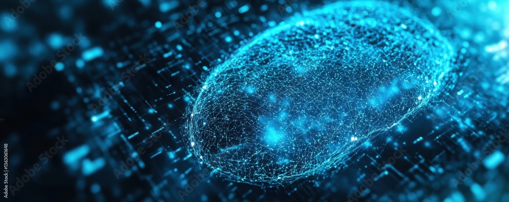 Poster a futuristic digital representation of an object surrounded by glowing particles, symbolizing techno